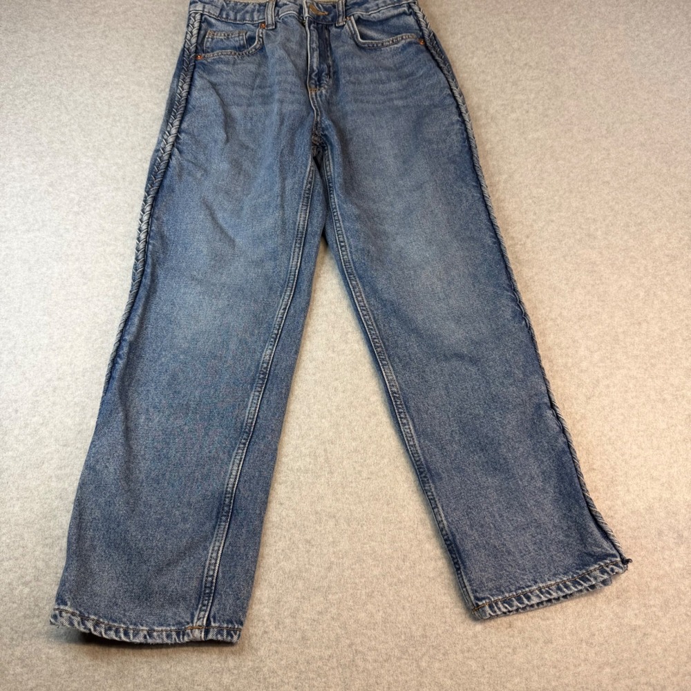 HM Divided High Waisted Straight Leg Jeans Blue Braided Side Seam Size 2